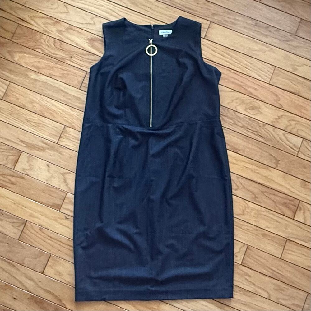 Calvin Klein 16W Denim Blue Sleeveless Sheath Dress Gold Ring Zip Front Midi